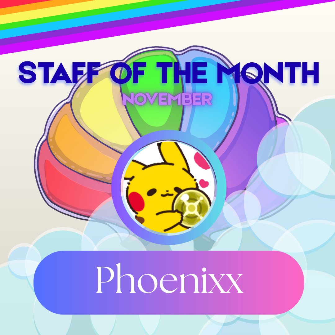 Join us in celebrating our Staff of the Month, Aquarius' manager and tournament staff <a href="/phoenixxfae/">💌 Phoe 💌</a>!

A huge thanks for the effort you put in for your team and the positivity and smiles you bring to our staff! We see and appreciate all your hard work and dedication 🌊