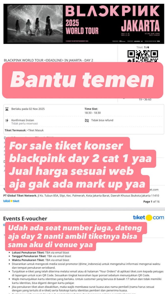 satriadiar's tweet photo. WTS 1 Ticket BLACKPINK WORLD TOUR <DEADLINE> DAY 2  CAT 1 

Udah ada seat number, langsung datang aja day 2 langsung ketemu di venue untuk tiketnya

No scam, amanah no tipu-tipu 

jual harga normal, kalau mau nego bisa langsung dm aja.

tx https://t.co/dFovQFVcpZ