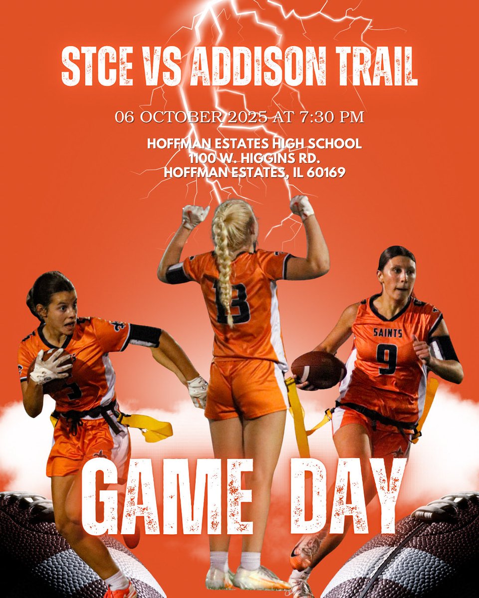 STCEGirlsFlag's tweet photo. ⚡️PLAYOFFS START NOW! The Saints are locked in for Round 1 vs Addison Trail. Energy high. Focus sharp. Let’s make a statement. $8 entry! Come cheer us on!🧡🏈 #SaintStrong #PlayoffMode @STCEathletics @STCEBoosters https://t.co/YmRsOu6AsL