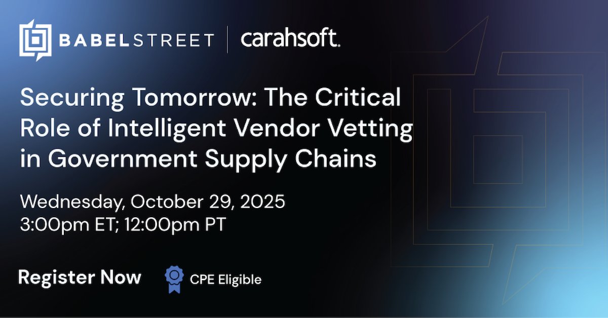 Don’t miss our expert-led webinar Oct 29 @ 3PM EST! Learn practical ways to boost supply chain security, vet vendors, and prepare for 2026 NDAA changes. Secure your spot: carahevents.carahsoft.com/Event/Details/…