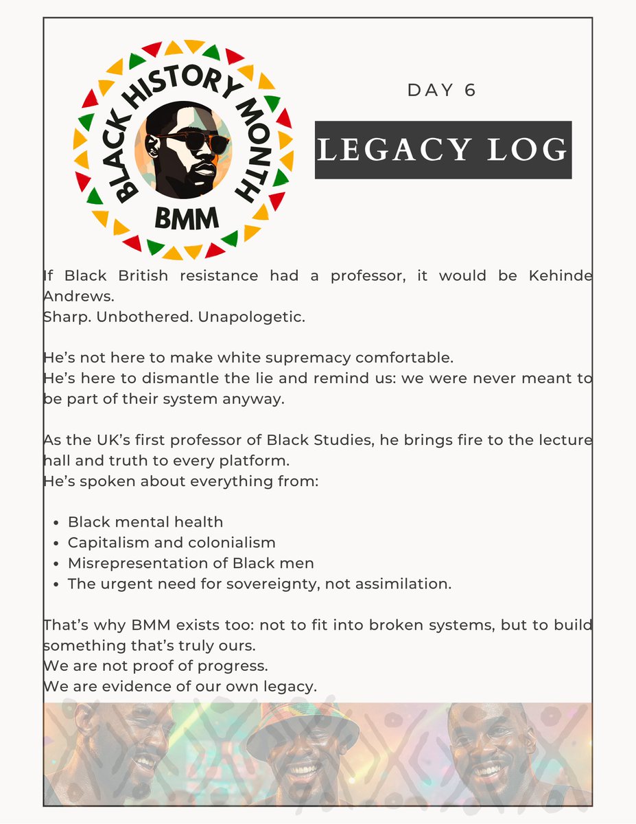 blackmeatmktuk's tweet photo. “I don’t want to fit into the system. I want to burn it down and build our own.” - Dr Kehinde Andrews (@kehinde_andrews)
BMM isn’t diversity. It’s sovereignty.
We weren’t made to fit. We were made to build.
#LegacyLog #KehindeAndrews #BlackHistoryMonthUK #BMM https://t.co/gtVbT8l4rx