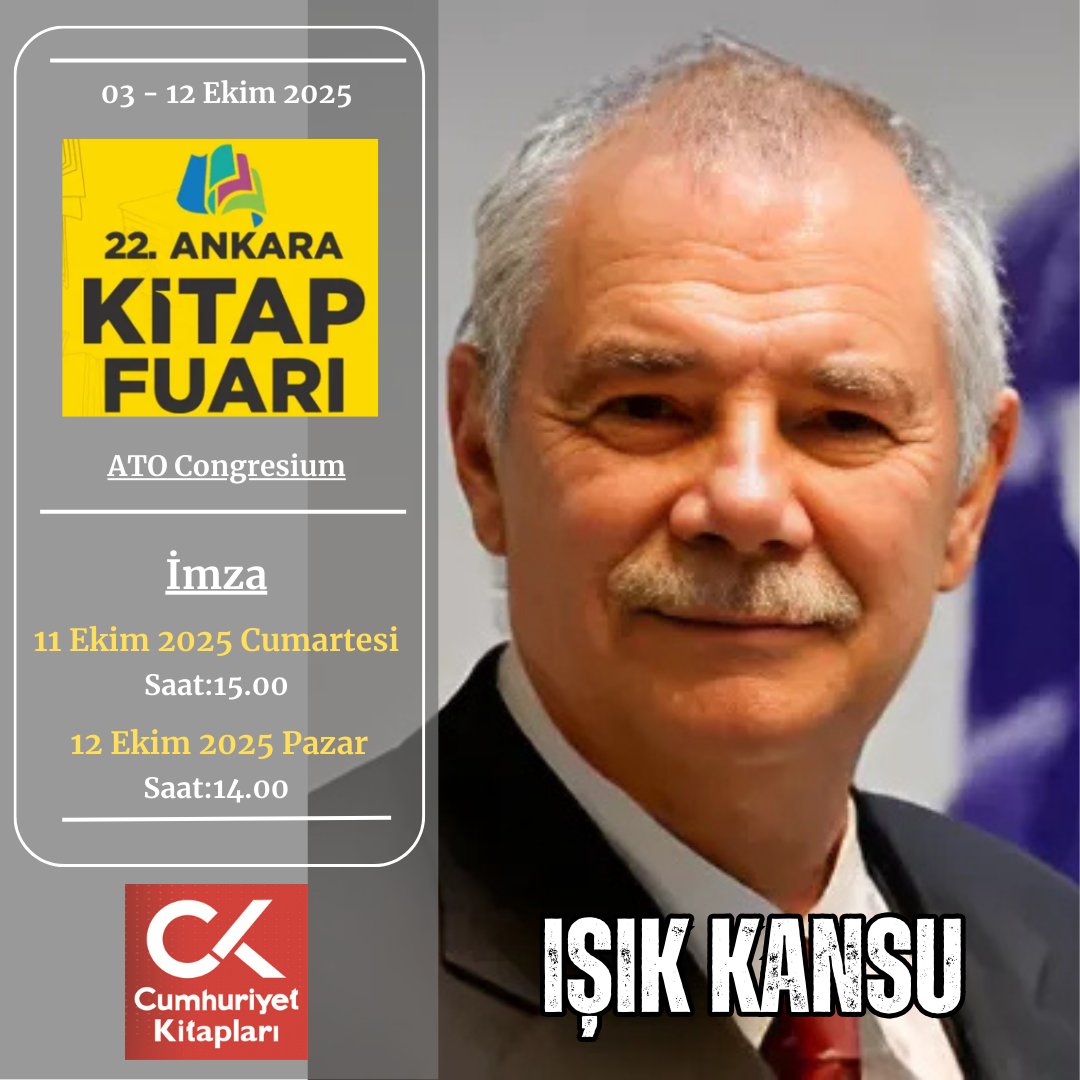 22. Ankara Kitap Fuarında Cumhuriyet Kitap yazarları okurlarıyla buluşuyor.
  
 #IŞIK KANSU
#KORKUT ERKAN
#NURHAN ERKAN
#MURAT SELAM
#ERDAL ATICI
#HALİL GENÇ