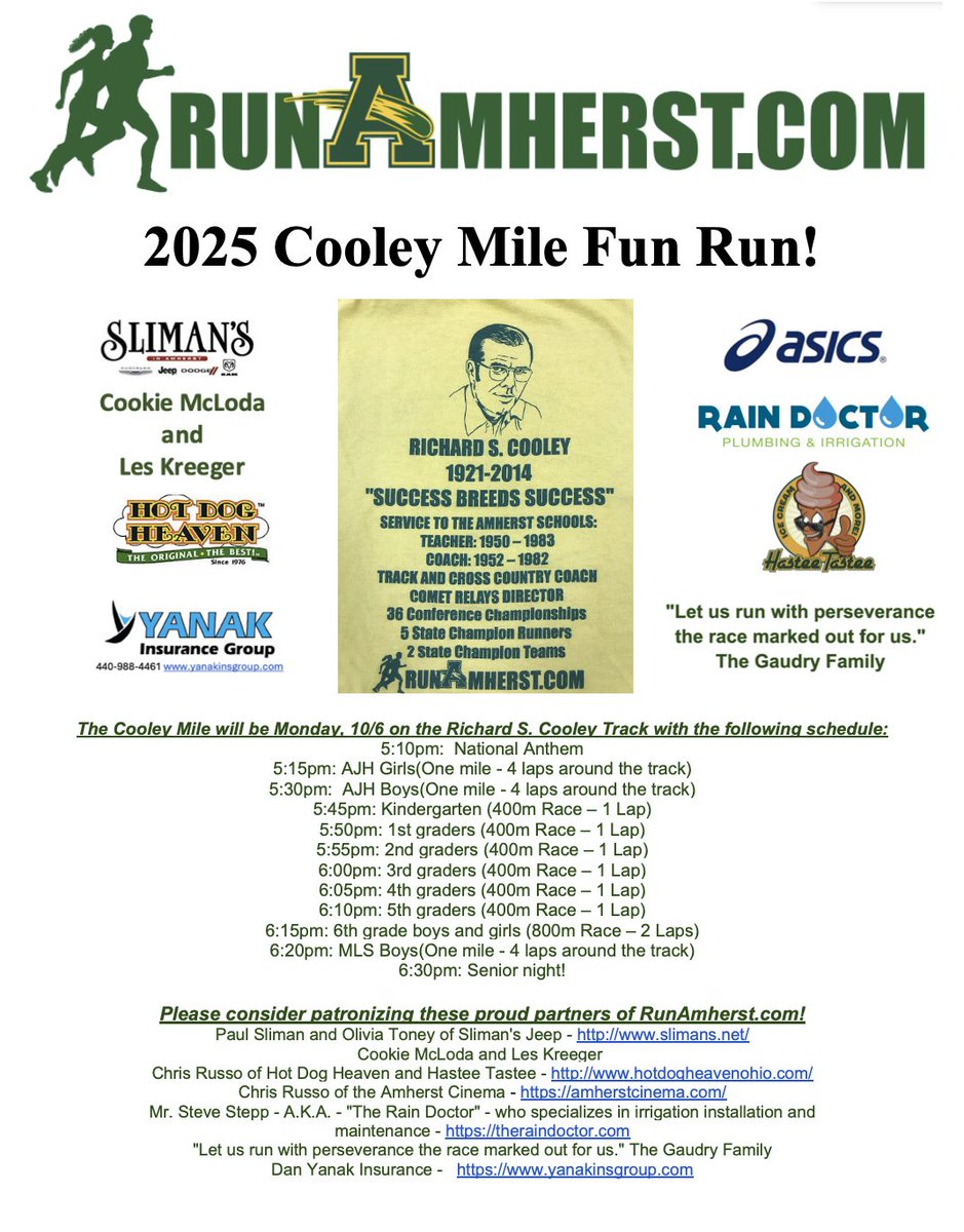 RunAmherst's tweet photo. Today is the big day!  The Cooley Mile will host over 350 runners: grades K-12 racing on the new Richard S. Cooley Track!  The event will end with a Senior Night Celebration!  Can't make it?  The event will be livestreamed by @LiveComets!
GO COMETS!!
https://t.co/Si1I01K5Z9 https://t.co/w9VzHMLgok