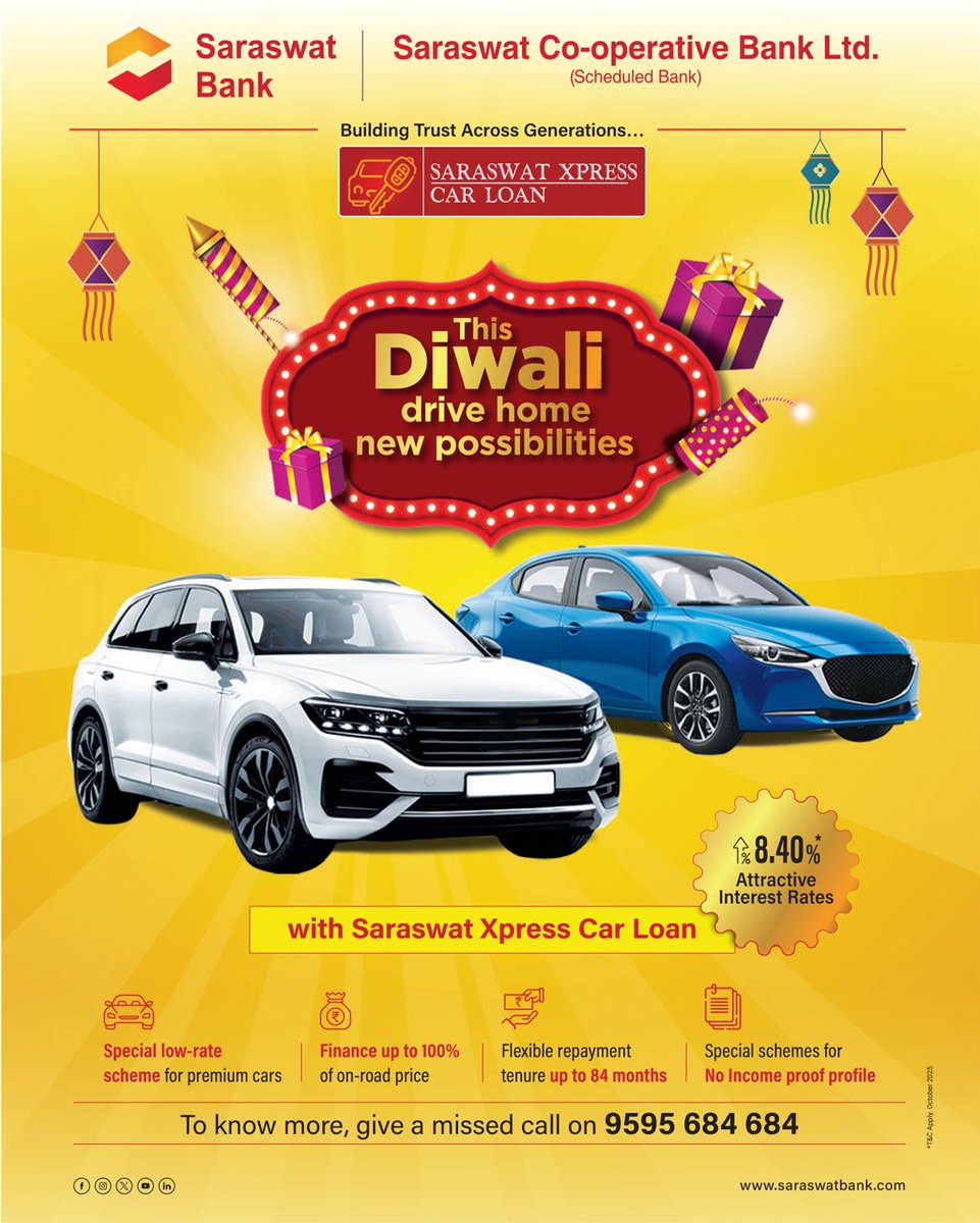 This festive season, drive home happiness! Avail the Saraswat Xpress Car Loan at an attractive rate starting at 8.40% and make your dream car a reality. Celebrate the festival with joy and new beginnings!

#SaraswatBank #Banking #CarLoan #FestiveOffer #DreamCar