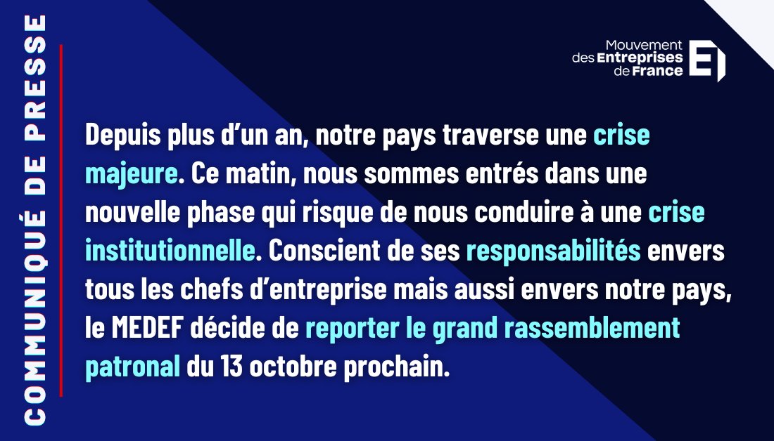 COMMUNIQUE | Report du grand rassemblement patronal initialement prévu le 13 octobre.

Lire le communiqué 👉 urlr.me/Ng58nm