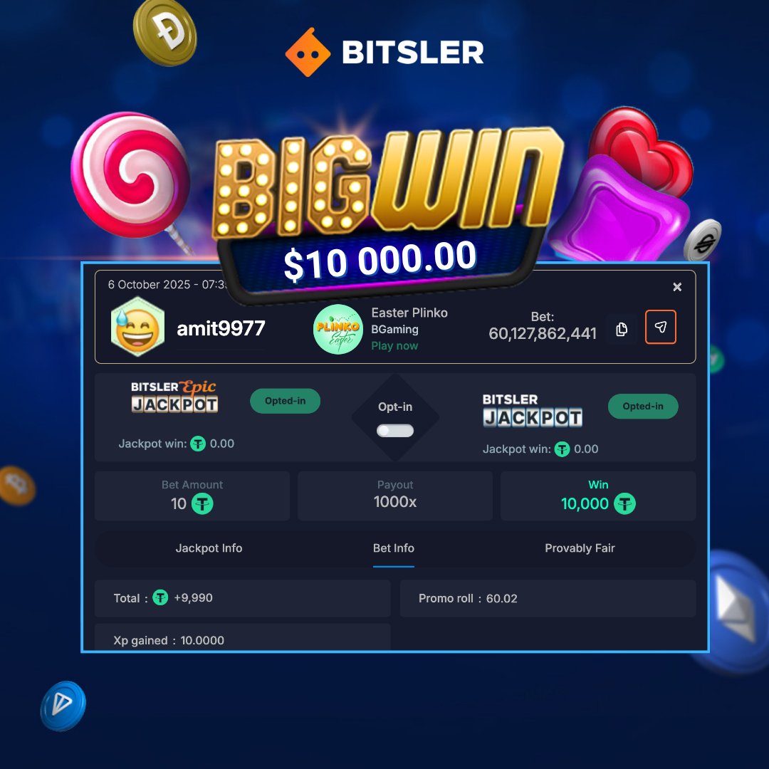 Bitsler's tweet photo. 🚨 $10,000 WINNER! 🚨

amit9977 turned a $10 bet into $10K playing Easter Plinko! 🍃💰

Try it out yourself below! ⬇️

How lucky are you feeling today? Let me know! 👀 

🎯 https://t.co/uI9fCDFjFn

#Bitsler #BigWin #CryptoCasino #Slots #CasinoWins #BitcoinWin https://t.co/fbwlWPwMWX