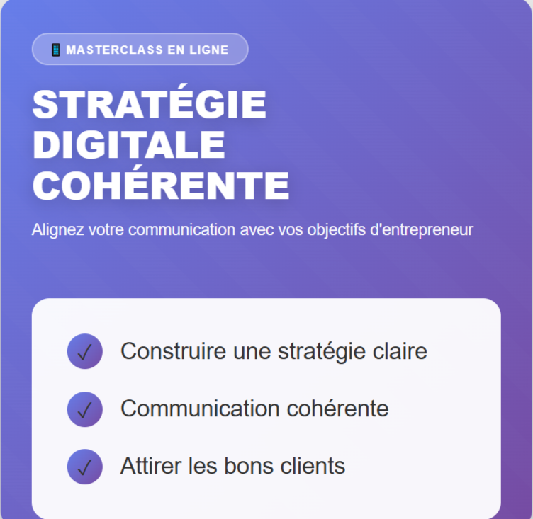 Vendredi 10 octobre à 14h - Masterclass OFFERTE
Votre communication digitale reflète-t-elle vraiment votre vision d'entrepreneur ?
si la réponse est non venez découvrir une approche structurée et personnalisée

👉 Inscription : bit.ly/4mPXOZc

⚠️ Live sans replay