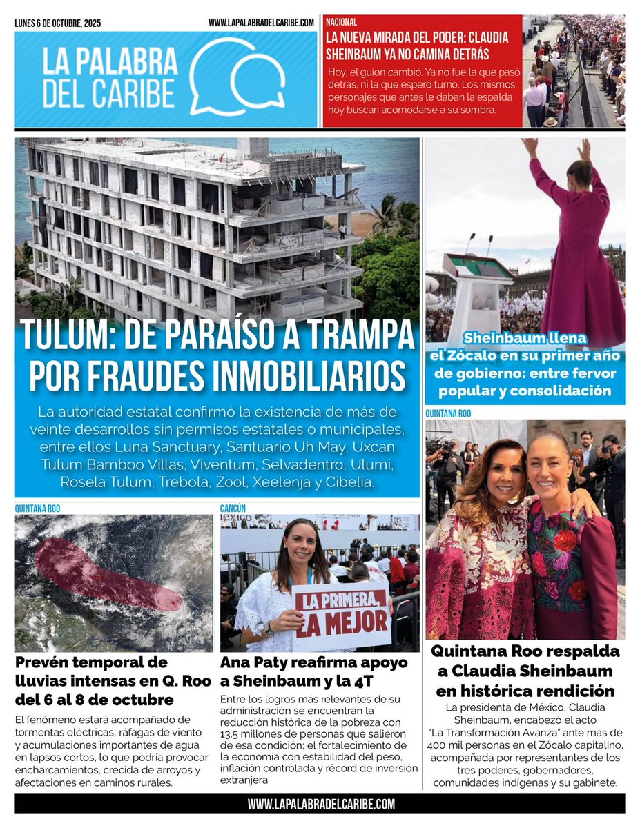 Tulum, el paraíso que se volvió trampa: extranjeros pierden millones en fraudes inmobiliarios - bit.ly/46RF7OX
----
Sheinbaum llena el Zócalo en su primer año de gobierno: entre fervor popular y consolidación política - bit.ly/4o9KfVR