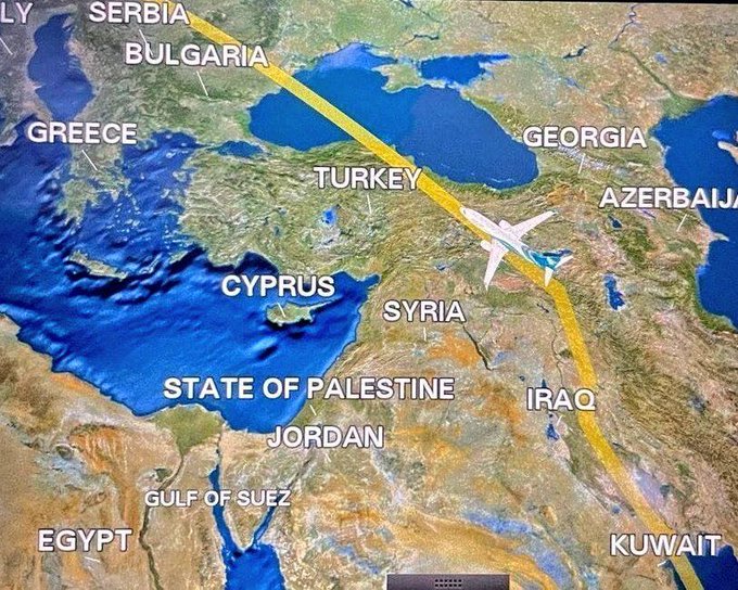 A map of the Middle East and surrounding regions, including Turkey, Syria, Jordan, State of Palestine, Egypt, and Cyprus, with a yellow flight path and airplane graphic crossing Turkey and Syria. Benjamin Netanyahu is visible in a separate image, wearing a dark suit, white shirt, and tie, with his hand near his mouth.