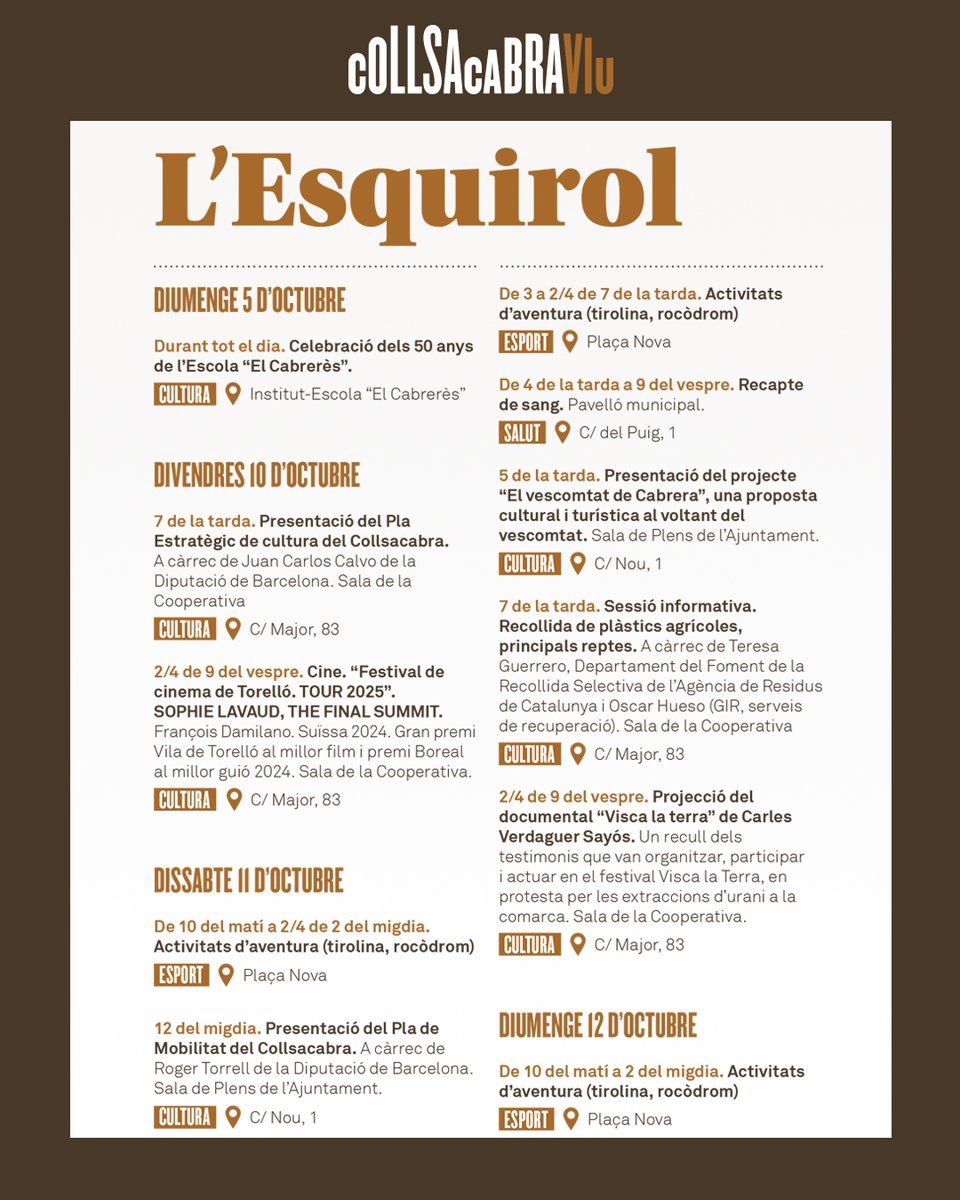 CollsacabraV's tweet photo. Aquest cap de setmana cap a l'Esquirol!💥 Mireu tot el que tenim preparat en el marc del Collsacabra Viu!

#collsacabra #collsacabraviu https://t.co/RGoXcStrno