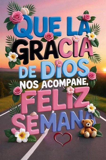 Colorful 3D text reading "QUE LA GRACIA DE DIOS NOS ACOMPAÑE FELIZ SEMANA" on a road with a sunset background. Pink and white flowers, green leaves, and a teddy bear with a red heart are visible around the text.