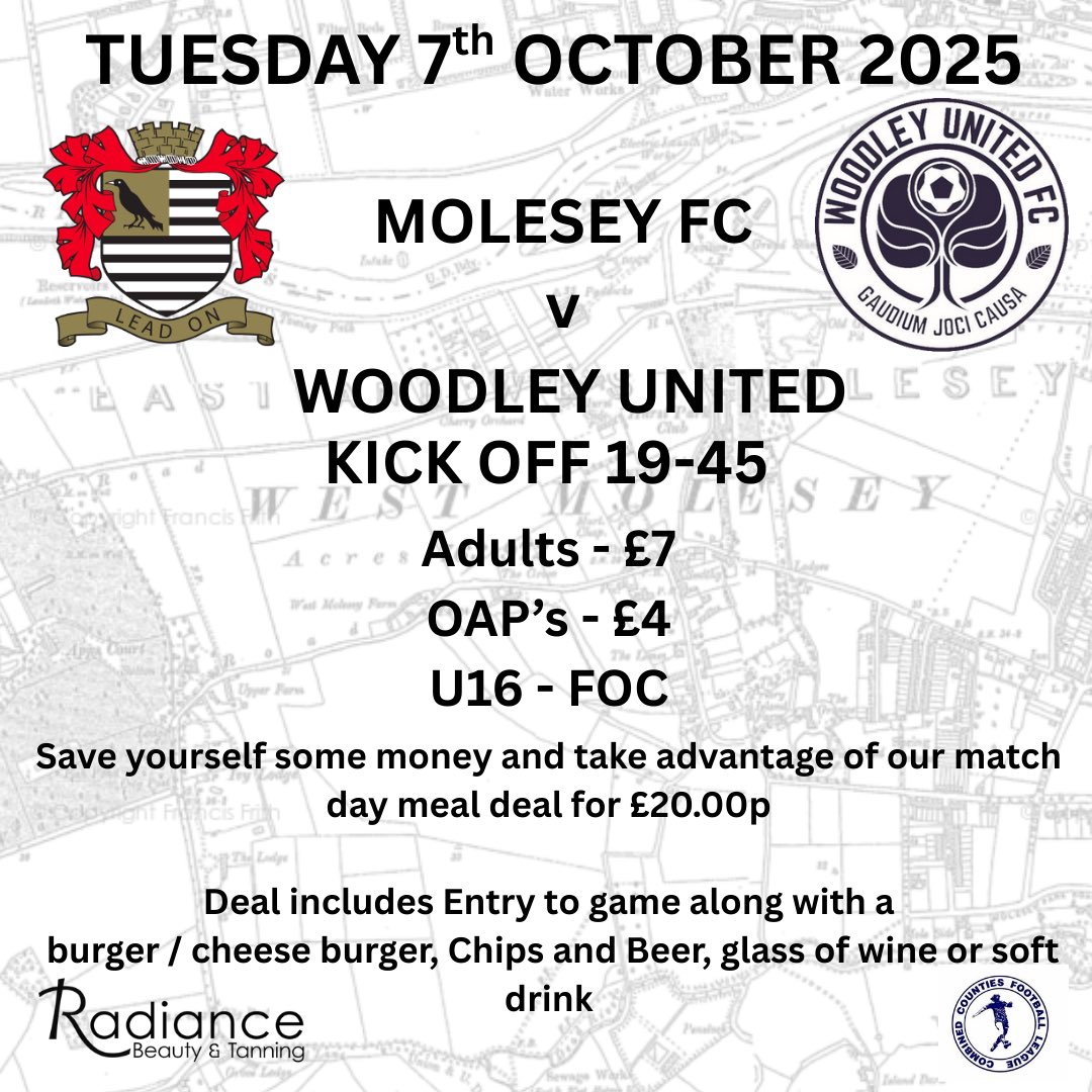 📅 TUESDAY 7th OCTOBER 2025
🏆 <a href="/ComCoFL/">Combined Counties Football League</a>  DIVISION 1 
🆚 <a href="/WoodleyUtdFC/">Woodley United FC</a> 
🏟️ 26 MOLE PLACE, WEST MOLESEY, SURREY KT8 2AG
⏰ 19-45  
🎟️ Adults £7 | OAPs £4 | Under-16s Free