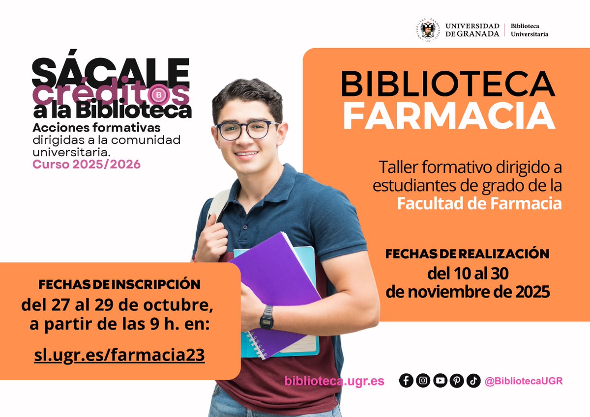 ffarmaciaUGR's tweet photo. #FFarmaciaUGR 📢 Taller formativo sobre recursos de información (23ª edición). VIRTUAL Y GRATUITO. Ofertado por la Biblioteca de la Facultad con hasta 3 créditos de reconocimiento. Toda la info en: https://t.co/fOEgXw34MV
@DEFFarmacia_ @AdinuGranada @agefarmacia @CYTAGRA https://t.co/6LsWdicGuc