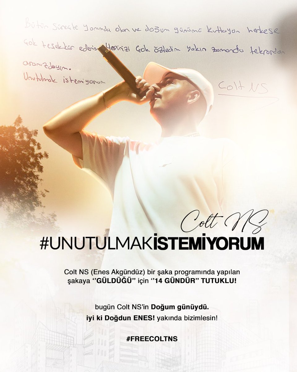 Avaznp's tweet photo. Colt bugün avukatı aracılığı ile bize ulaştırdığı bir notla unutulmak istemediğini söyledi. Doğum günün kutlu olsun Colt! Çok yakında yanımıza geri dönüp ailene kavuşman dileği ile.. 🙏🏻🕊️ #unutulmakistemiyorum #freecoltns https://t.co/g2uOlIanvP