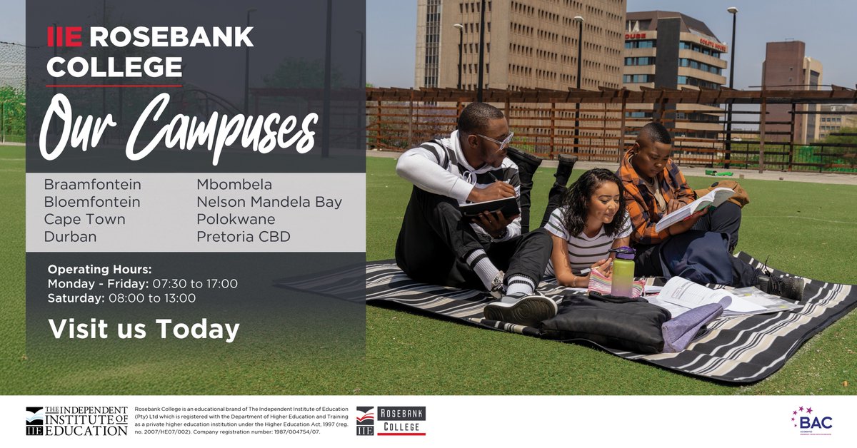 Our Campuses | Fast-track your career with an accredited IIE qualification. Applications for 2026 are open, visit any of our 8 campuses or apply online by following this link: bit.ly/2WFPzJy. Walk-ins are also welcome.

#IIERosebankCollege #FastTrackYourCareer