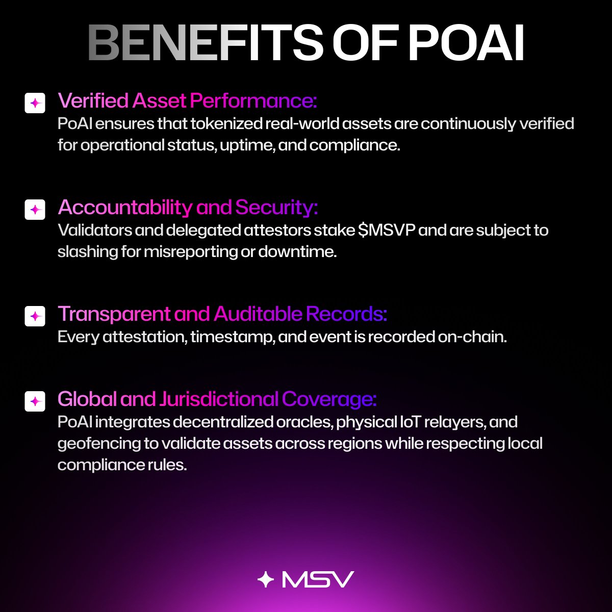 metasoilverse's tweet image. 🤓 Not all assets are created equal, and not all on-chain data tells the full story.

Discover PoAI, an MSVP verifying mechanism, linking digital ownership to real-world performance, and ensuring every asset is verifiable, accountable, and operational.

Swipe through to learn…