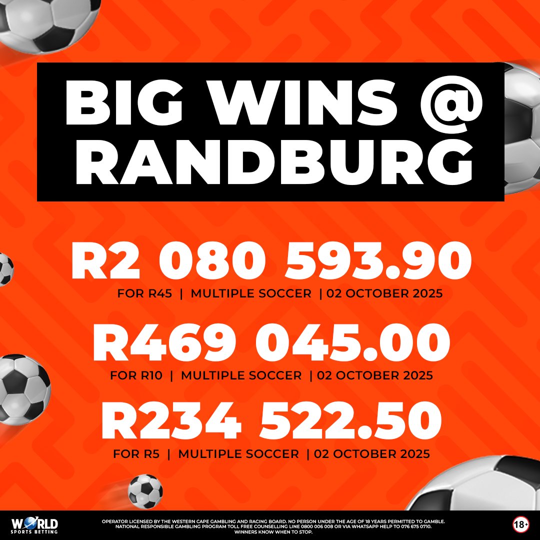 🎉 Big celebrations in Randburg! 🎉

Our Soccer clients lit it up this weekend with three massive wins at our Randburg branch — including a R45 multiple that scored one lucky punter over R2 MILLION! 💰⚽

That’s how you do it — when you bet, #BetWithTheBest 💪

#WSB