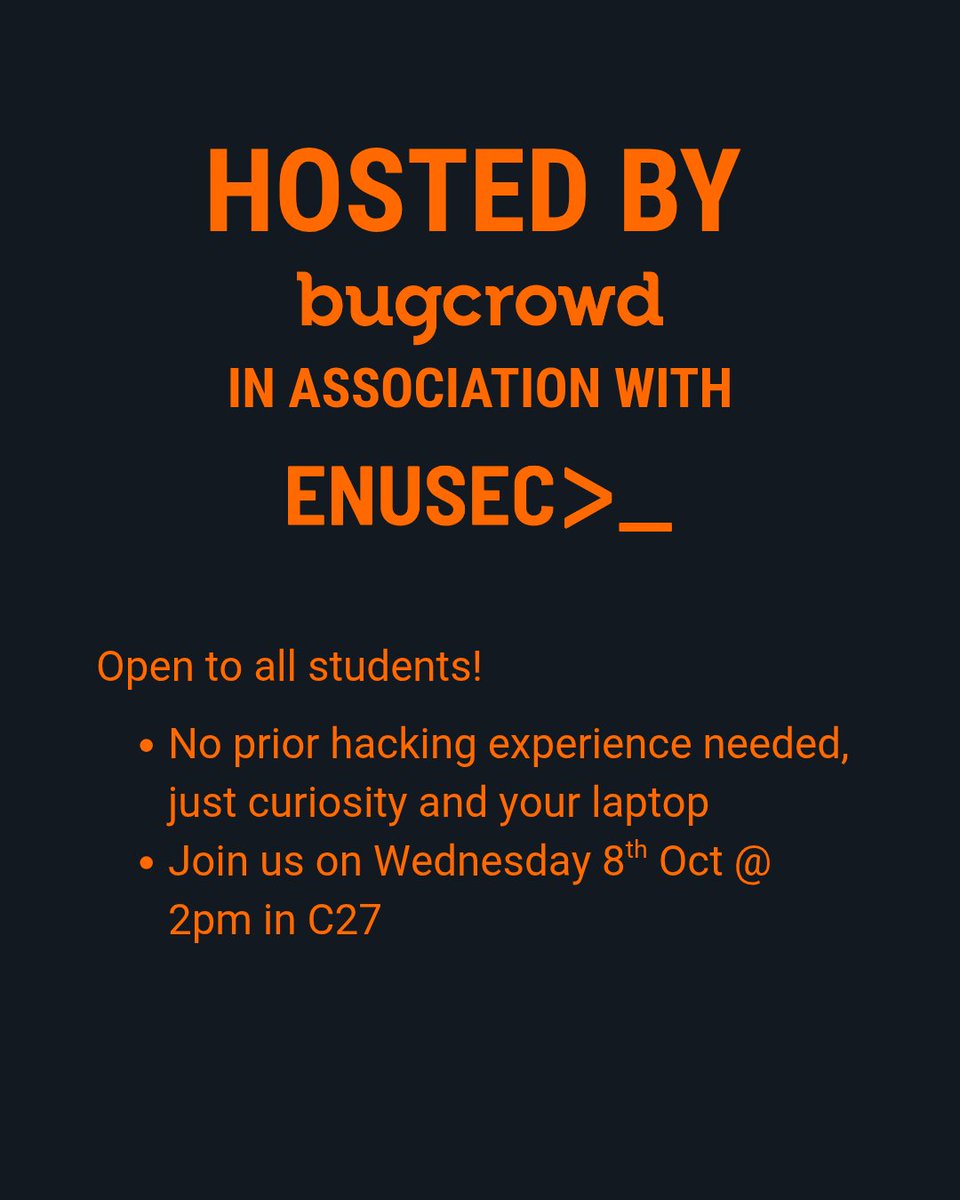 enusec's tweet image. We have an excellent session this Wednesday. @Bugcrowd are coming in to talk about bug bounties, and we'll also be looking into the exciting world of ethical hacking!
Join us on Wednesday, 8th October @ 14:00 in C27, Merchiston Campus