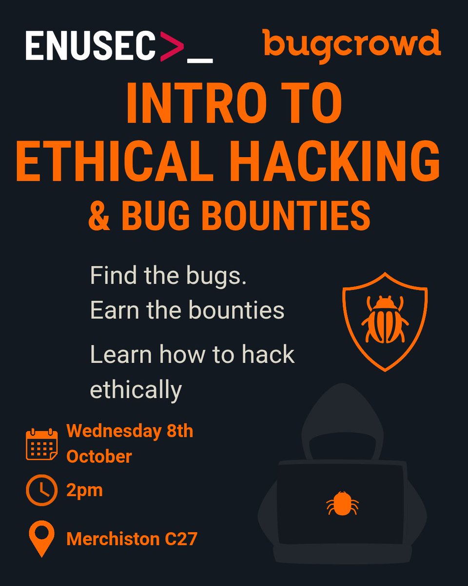 enusec's tweet image. We have an excellent session this Wednesday. @Bugcrowd are coming in to talk about bug bounties, and we'll also be looking into the exciting world of ethical hacking!
Join us on Wednesday, 8th October @ 14:00 in C27, Merchiston Campus