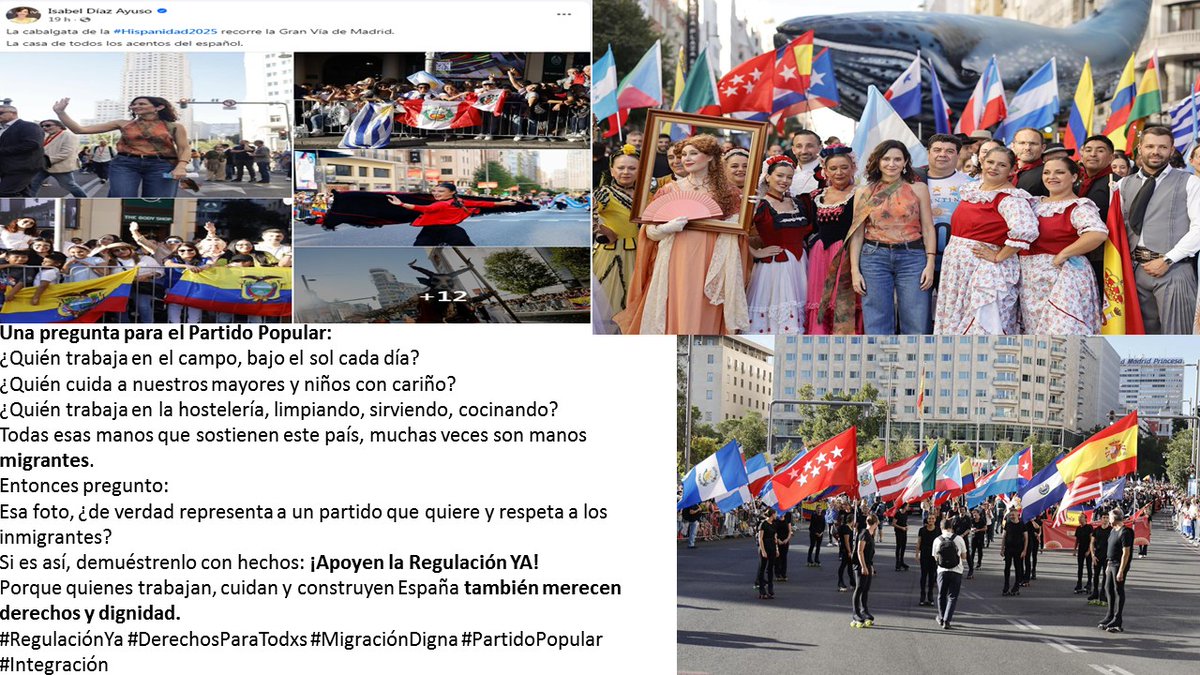 Integración es amistad y respeto!
Ayer Ayuso habló de la #Hispanidad2025en la Gran Vía.Pero la hispanidad debería ser unión e integración,no exclusión.
👉 Pregunta al <a href="/populares/">life</a>: ¿Por qué no apoyan con fuerza la #RegulaciónYa?
¿Y por qué callan cuando Vox insulta a los migrantes?