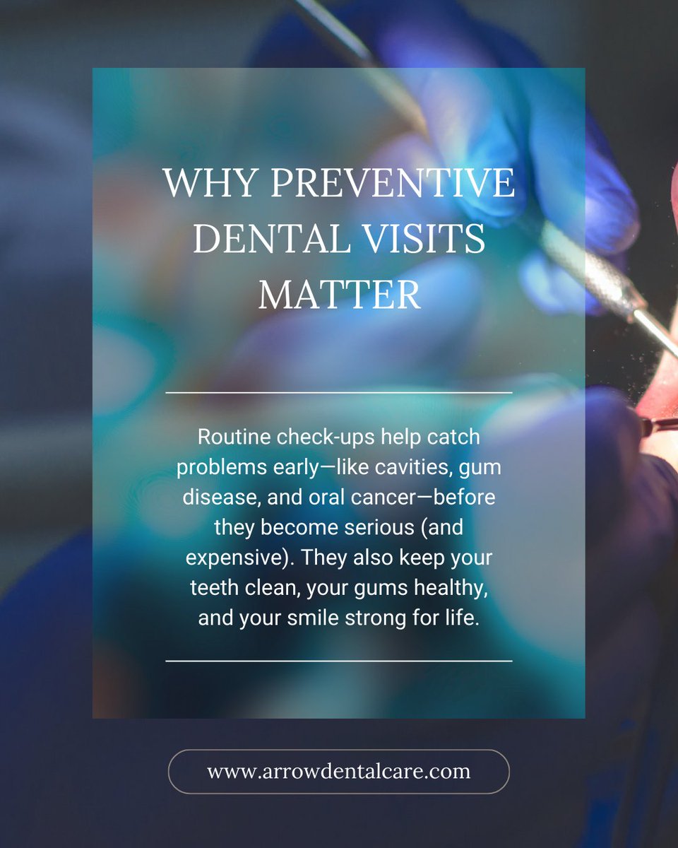 CareArrow's tweet photo. Routine exams and cleanings every 6 months help us catch:
✔ Early signs of tooth decay
✔ Gum inflammation
✔ Oral cancer risks
✔ Plaque buildup you can't remove at home

📅 Book your next check-up today with Arrow Dental Care!

(636) 220-7770
https://t.co/L6UeLI3ptg https://t.co/b7WnxB93GX