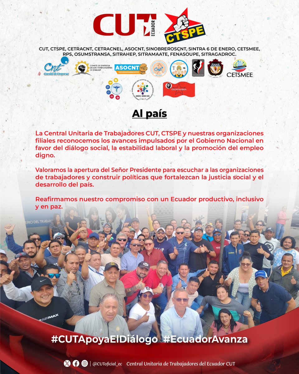 CUT, CTSPE y nuestras organizaciones filiales, reafirmamos nuestro compromiso con un Ecuador productivo, inclusivo y en paz.
<a href="/Presidencia_Ec/">Presidencia Ecuador 🇪🇨</a> <a href="/DanielNoboaOk/">Daniel Noboa Azin</a> 

#CUTapoyaElDiálogo #EcuadorAvanza #ElNuevoEcuador