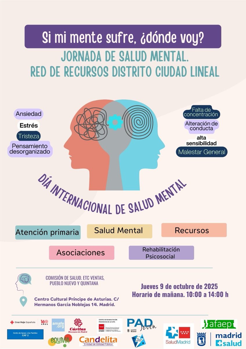 saludmentalCM's tweet photo. 🔜 Este jueves, #AFAEP y @Amafesemueve participarán junto con la Mesa de Salud del Distrito de Salud de Ciudad Lineal #Madrid, en la Jornada de #SaludMental.

📆 9 de octubre
🕙 de 10:00h a 14:00h
📍Centro Cultural Príncipe de Asturias

Os esperamos‼️ https://t.co/FuXxdhk2AO