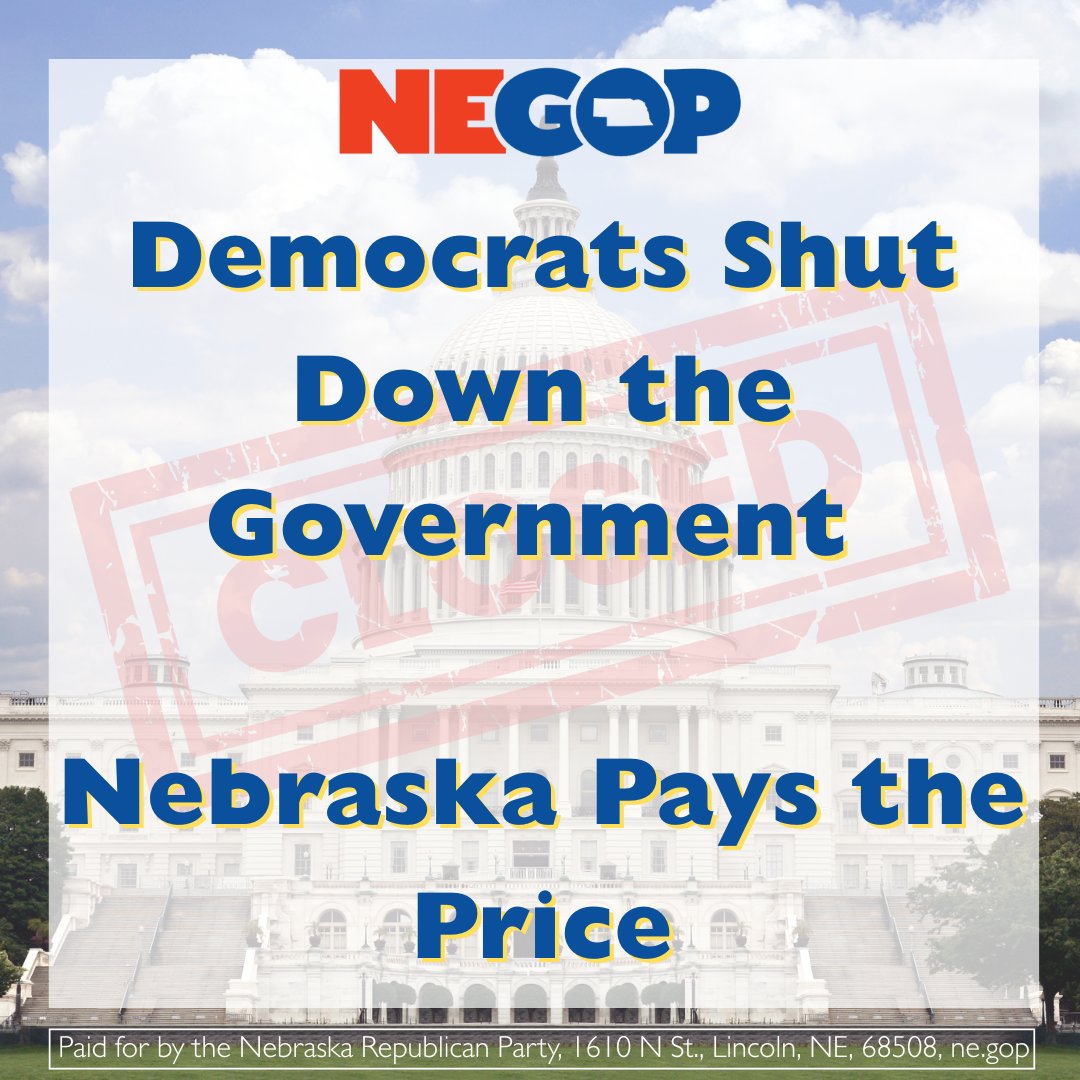 Democrats shut down the government - stalling vital programs and support that Nebraska communities rely on. Their political games come at a cost.

Republicans are fighting to keep government open and Nebraska moving forward. 🇺🇸

👉 Stay informed. Join the NEGOP newsletter for