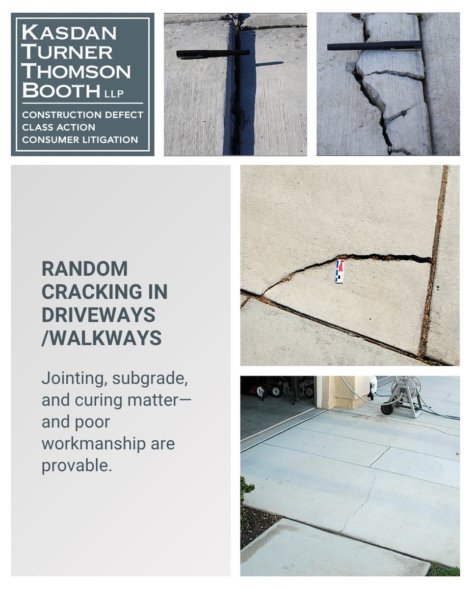 KTTBLaw's tweet photo. Random cracking in driveways/walkways? Jointing, subgrade, and curing matter—and poor workmanship are provable.
.
.
#concrete #hardscape #drivewaycracks #qualitycontrol #constructiondefect #engineering #forensics #claims #WalnutCreek #Albuquerque #Phoenix #Irvine #KasdanLaw https://t.co/e0yrm63NwA