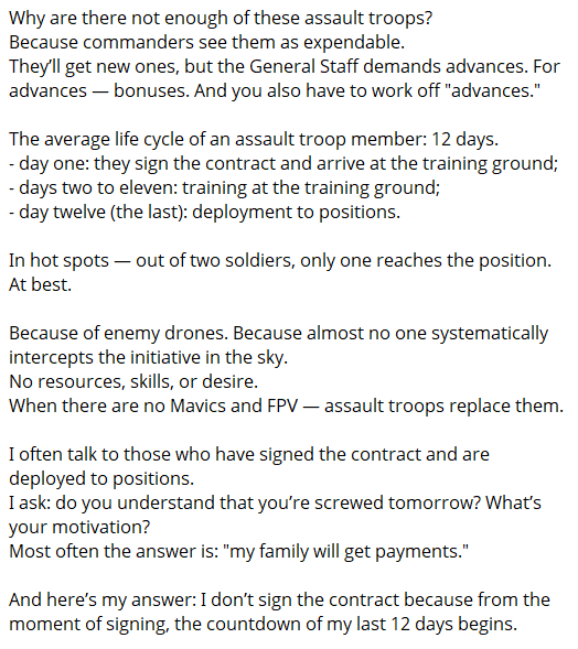 vanguardintel's tweet image. ⚠️  A Russian war correspondent complains that Ukrainian drone activity has reduced the probability of successfully reaching the front lines to about 50%. 

He adds that the average life expectancy of a Russian assault soldier in the Ukraine conflict is 12 days.