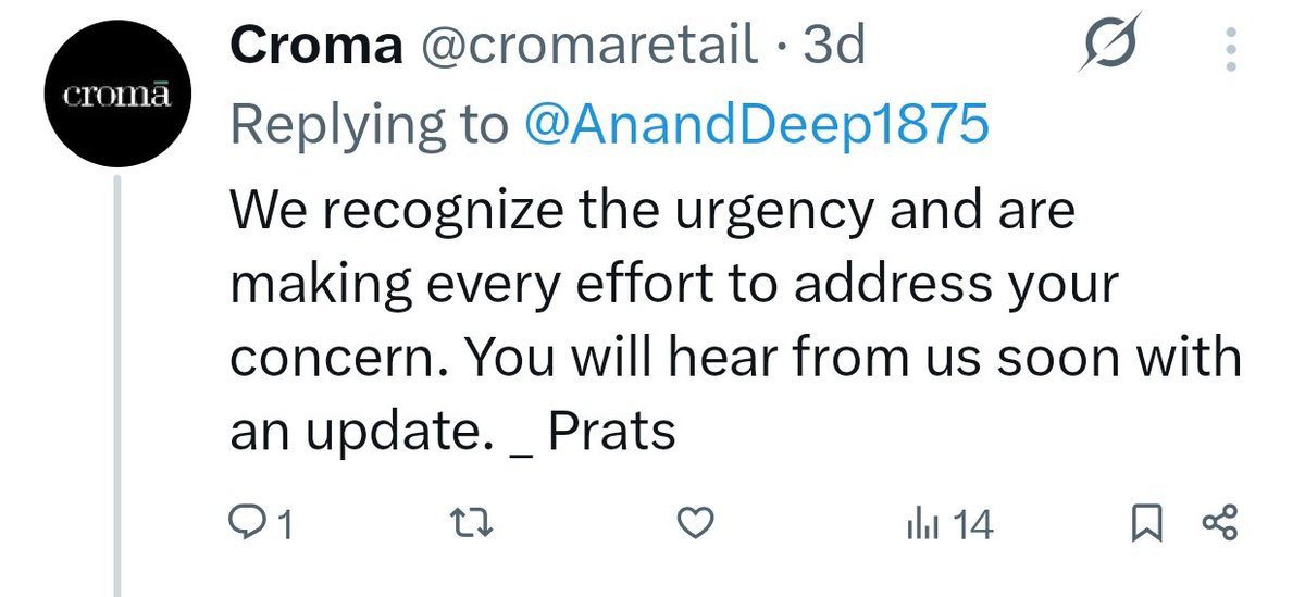 AnandDeep1875's tweet photo. @cromaretail These are the same copy paste reply from ur side from 6 days. Yet no any resolution of my concern. And no delivery of my product. Can u please refund my amount. This is my last option. @jagograhakjago @TataCompanies https://t.co/PaJYS2wFiJ