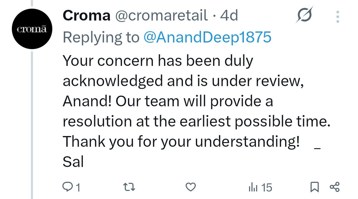 AnandDeep1875's tweet photo. @cromaretail These are the same copy paste reply from ur side from 6 days. Yet no any resolution of my concern. And no delivery of my product. Can u please refund my amount. This is my last option. @jagograhakjago @TataCompanies https://t.co/PaJYS2wFiJ