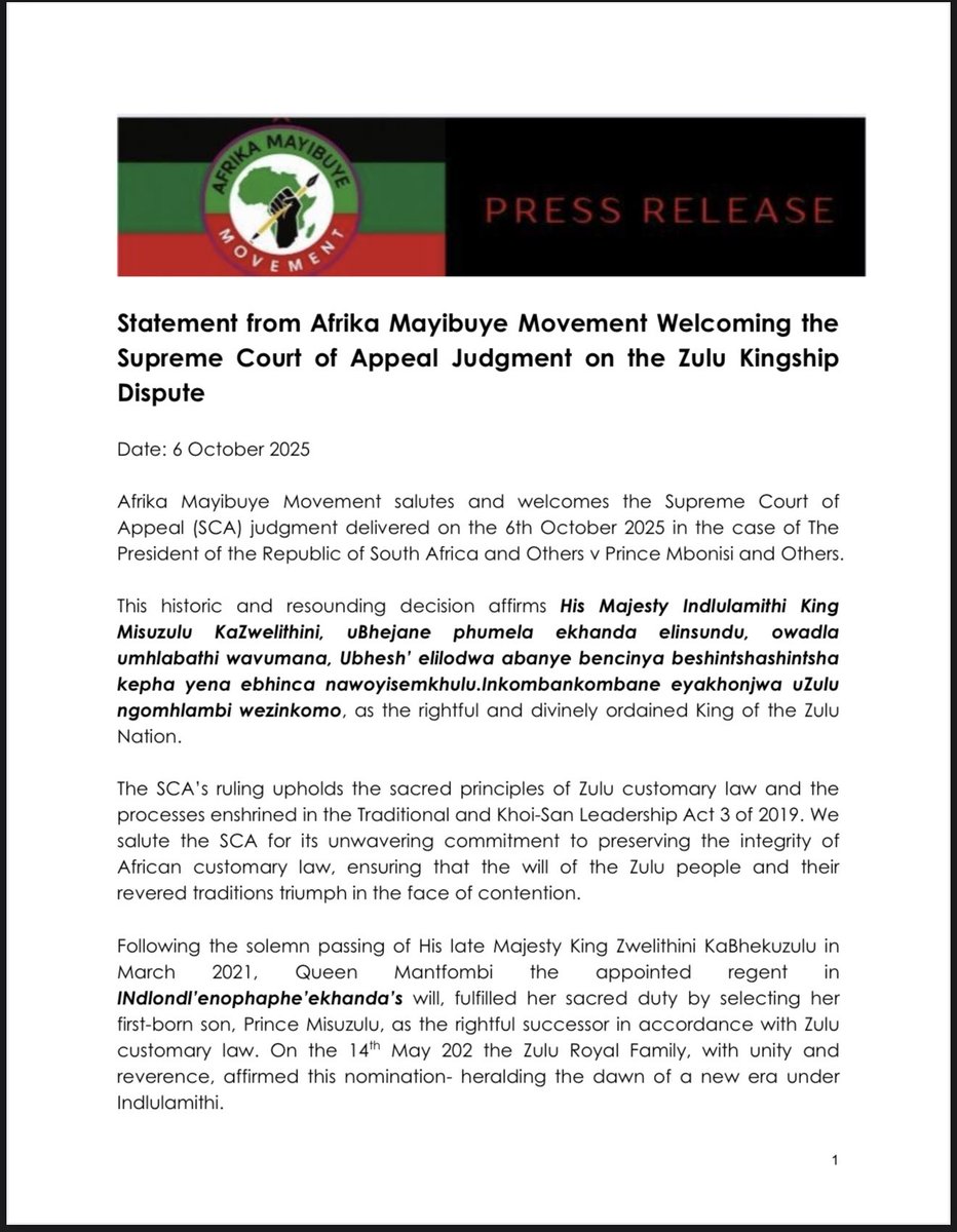 FloydShivambu's tweet image. Afrika Mayibuye Movement salutes and welcomes the Supreme Court of Appeal (SCA) judgment delivered on the 6th October 2025 in the case of The President of the Republic of South Africa and Others v Prince Mbonisi and Others.

This historic and resounding decision affirms His