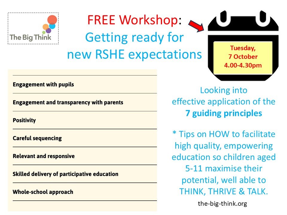 FREE #RSHE Guiding Principles workshop  at 4pm on Tues, 7 Oct.
-&gt; Get your ticket here: t.ly/9PDwh

* HOW to nurture #emotional, #social &amp; #academic development so every #KS1 &amp; #KS2 child is empowered to achieve.
* Enable #children to feel #safe, valued &amp; understood.