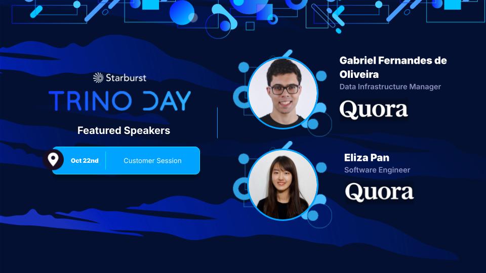 starburstdata's tweet image. @Quora cut costs ~50% by migrating a decade of Redshift workloads to Trino on S3.
Hear how at AI &amp;amp; Datanova Virtual (Oct 22–23) with Gabriel Fernandes de Oliveira &amp;amp; Eliza Pan.

👉 Free sign up: okt.to/WxHwmb

#AIandDatanova #Trino #VirtualSummit