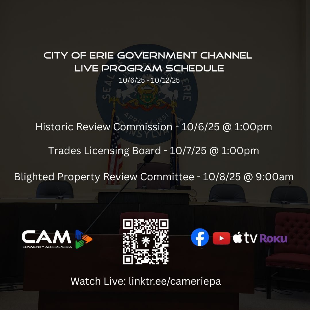CAMEriePA's tweet image. Our weekly live programming lineup for the week of 10.6.25 to 10.12.25.  Explore our full schedule at camerie.org/vod. Catch the live broadcasts on Roku or Apple TV by installing our CAMEriePA app. #CAMERIEPA #LIVEPROGRAMMING #CITYOFERIE