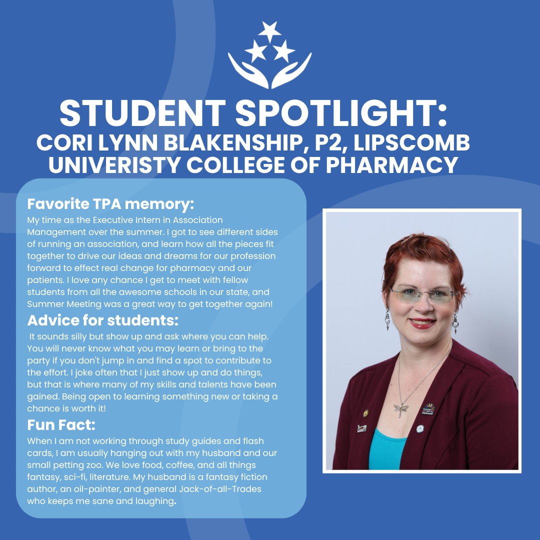 TNPharmacists's tweet image. Student Spotlight: Cori Lynn Blankenship
 P2, Class of 2028 @LipscombPharmD

Meet Cori Lynn—a driven pharmacy student seizing every opportunity with heart, curiosity, and leadership. The future of pharmacy is bright! 💊🌟 #PharmD #StudentSpotlight  #FuturePharmacist