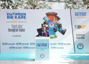 A man speaking at a podium with a backdrop displaying "Eğitimden Bir Kare Fotoğraf Sergisi" and dates 6-12 EYL 2023. Multiple people in formal attire cutting a red ribbon in a spacious indoor area with trees and a glass ceiling. Photographs on display behind a metal fence, including images of children and damaged buildings. Text on banners includes "Millî Eğitim Bakanlığı" and "Gazze".