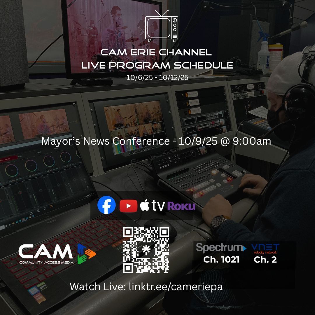 CAMEriePA's tweet image. Our weekly live programming lineup for the week of 10.6.25 to 10.12.25.  Explore our full schedule at camerie.org/vod. Catch the live broadcasts on Roku or Apple TV by installing our CAMEriePA app. #CAMERIEPA #LIVEPROGRAMMING #CITYOFERIE