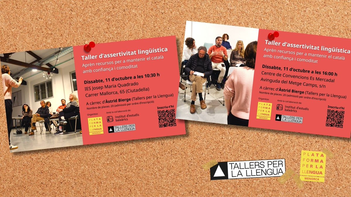🔑 Vols entendre quines eines tenim els menorquins per mantenir el català amb confiança?

Inscriu-te ara al Taller d'assertivitat lingüística que organitzam aquest 11 d'octubre: pots triar matí o tarda!

Entra a plataforma-llengua.cat/taller-asserti… i reserva la teva plaça! 😊