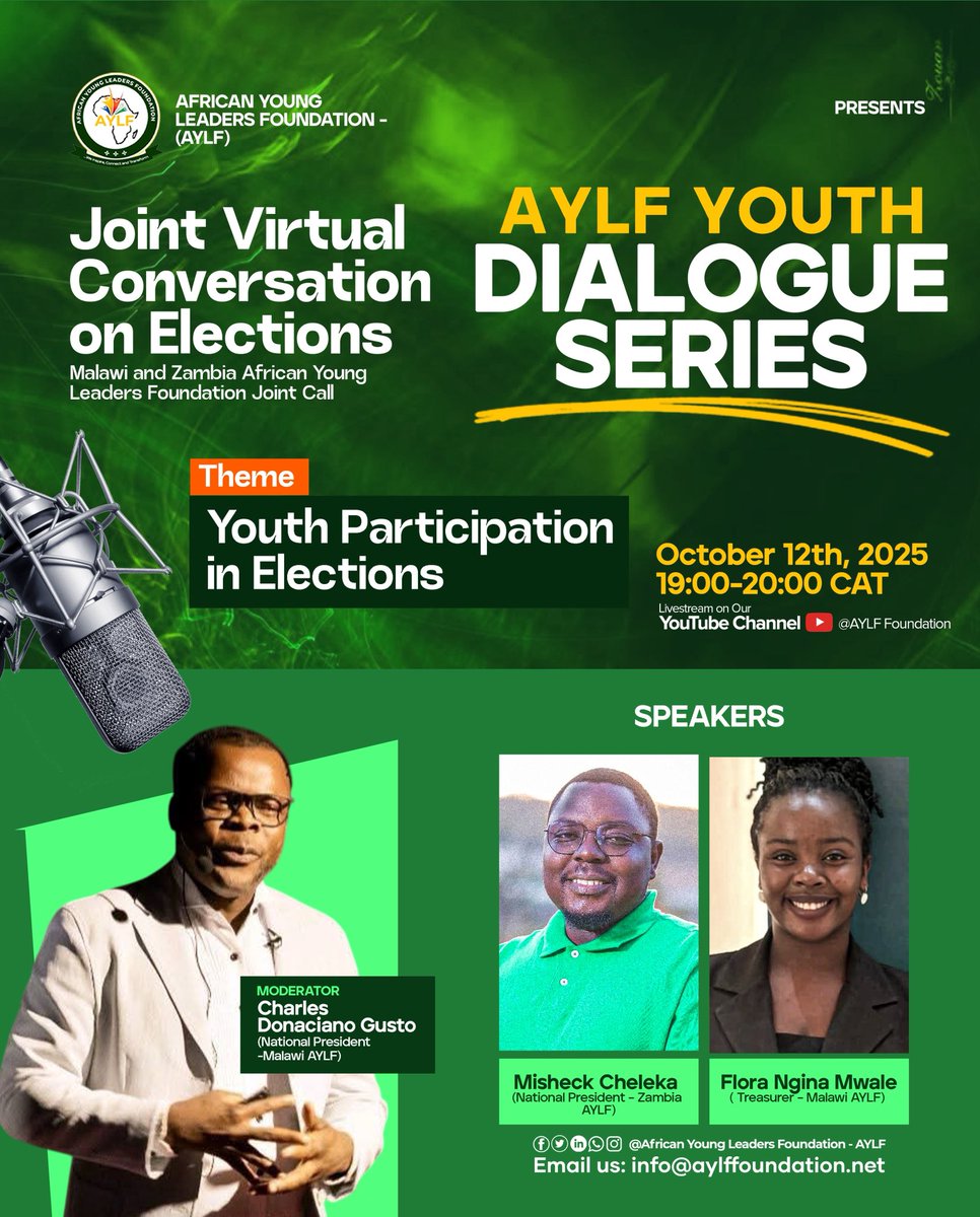 In most election seasons across Africa, youth are at the forefront not as decision-makers, but too often as cheap labour for campaigns, tools for mobilization, or worse, pawns in political games. Join us on this Sunday. 

Watch LIVE on YouTube: youtube.com/@aylf54?si=836…