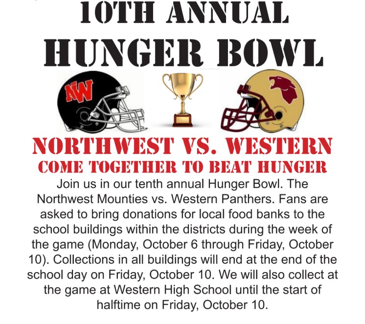 On Friday October 10th, Northwest will be battling against the Western Panthers at Western High School in the 10th annual Hunger Bowl.

Go Mounties! #nwschools