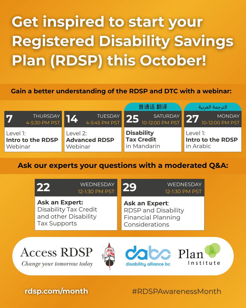Plan Institute (@planinstitute) on Twitter photo Gain a better understanding of the Registered Disability Savings Plan (RDSP) & Disability Tax Credit (DTC) through our webinars and Ask an Expert sessions. #RDSPAwarenessMonth 
ποΈ Access expert advice and register for free at RDSP.com/month. Gain a better understanding of the Registered Disability Savings Plan (RDSP) & Disability Tax Credit (DTC) through our webinars and Ask an Expert sessions. #RDSPAwarenessMonth 
ποΈ Access expert advice and register for free at RDSP.com/month.