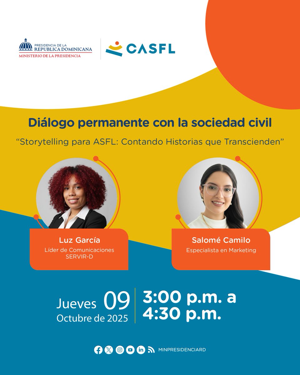 MinpreRD's tweet photo. El “Diálogo permanente con la sociedad civil” 👥💬 del Centro Nacional de Fomento y Promoción de las Asociaciones sin Fines de Lucro #CASFL 🤝dedica su espacio virtual al tema “Storytelling para ASFL: Contando Historias que Transcienden”. https://t.co/0We1DyIfwu