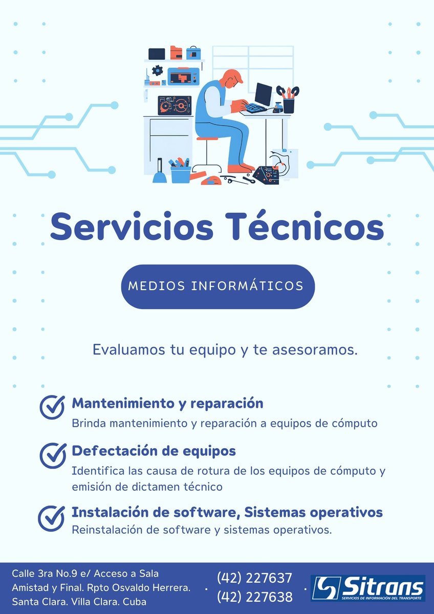 sitransvccu's tweet photo. 🔧 ¿Fallas técnicas afectando tu productividad?

✅ Servicios técnicos CERTIFICADOS
🖥️ Reparación de equipos informáticos
🌐 Instalación de redes
🔒 Mantenimiento preventivo
📞 Soporte especializado

👆 ¿Consultas? INF del Perfil

#SoporteTI #SitransVC @sitranscuba https://t.co/FwC8RAy3Iy