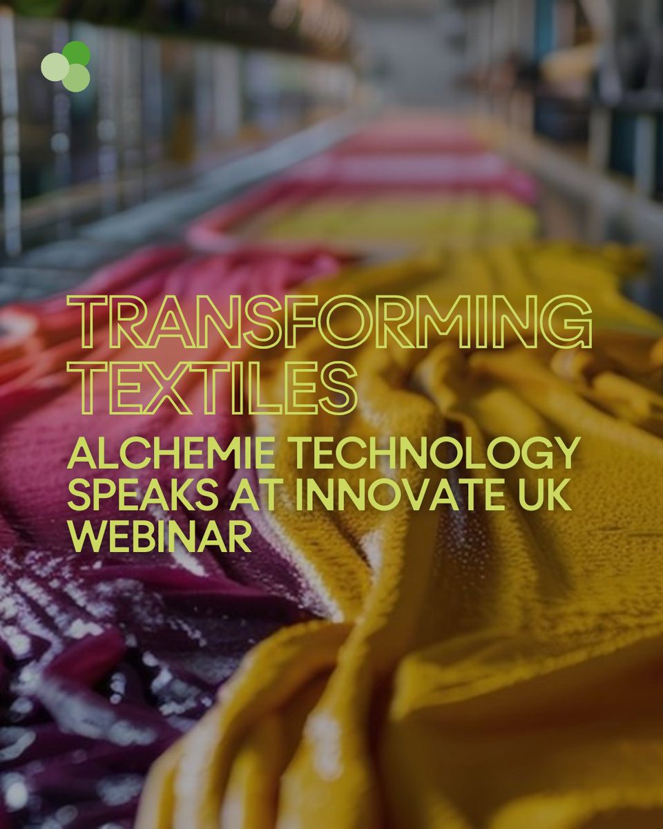 We were delighted to speak at the <a href="/innovateuk/">Innovate UK</a> webinar. Our Chief of Staff and Senior Chemist presented how Alchemie Technology are reducing water consumption through digital textile dyeing solutions – alchemietechnology.com/news/transform… 

#AlchemieTechnology #textileinnovation #cleantech