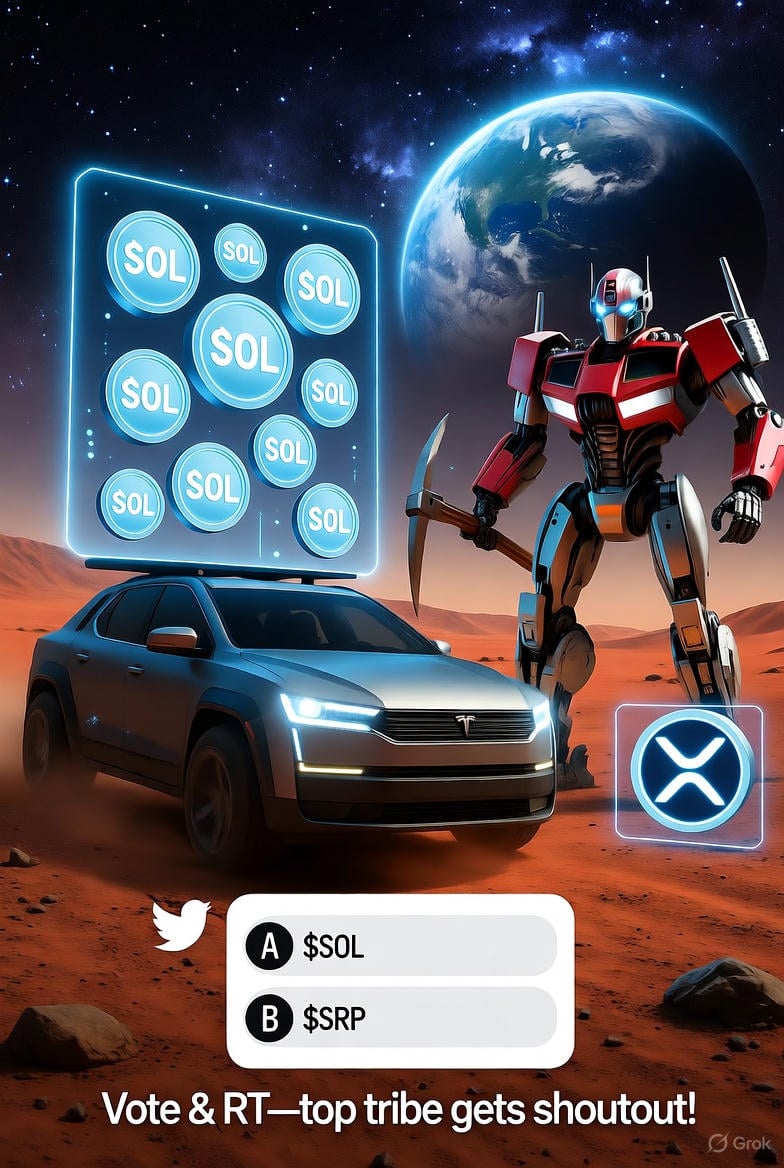 j_wedman98061's tweet photo. Robotaxi vs Optimus: Which Tesla beast pumps your crypto harder? A) Robotaxi hauling $SOL to Mars B) Optimus mining $XRP on red dirt. Day 22 Oracle: Both to $500/$8. Vote & RT—top tribe gets shoutout! #SOLvsXRP #TeslaCrypto #ToMars https://t.co/5IIFXptdcB