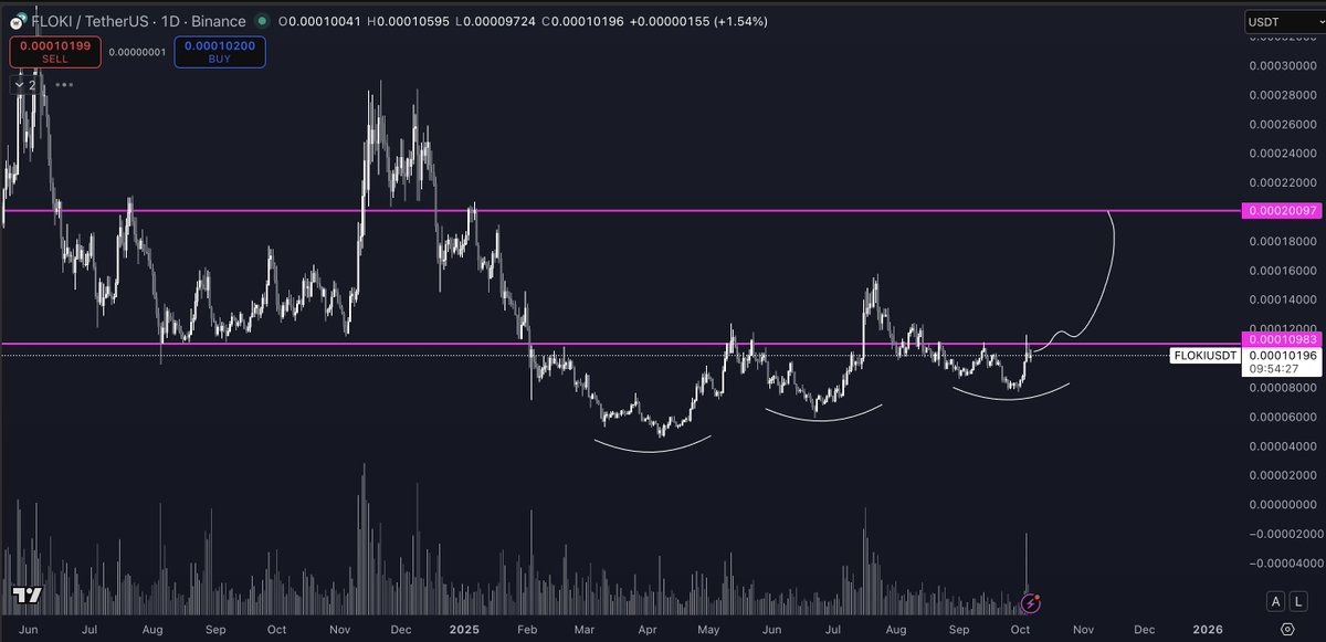 A cryptocurrency price chart for Floki, displaying price movements over time with candlestick patterns. Horizontal pink lines indicate key price levels, and a curved line suggests a potential trend. The chart includes a timeline from January to September, with volume bars at the bottom and text overlays showing price values.