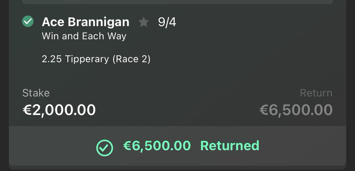 FinnDogTips's tweet image. After a great weekend for members the first Tip of the week is another WINNER! 🚀

Tipped at 9/4, Ace Brannigan is well supported and wins easily for Darragh O'Keefe &amp;amp; Henry De Bromhead ✅

NAP still to run later today! 💴

patreon.com/FinnDogTips