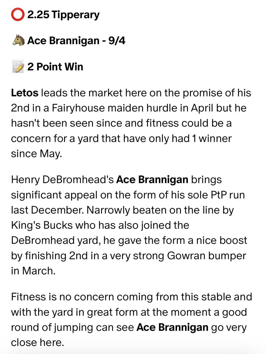 FinnDogTips's tweet image. After a great weekend for members the first Tip of the week is another WINNER! 🚀

Tipped at 9/4, Ace Brannigan is well supported and wins easily for Darragh O'Keefe &amp;amp; Henry De Bromhead ✅

NAP still to run later today! 💴

patreon.com/FinnDogTips